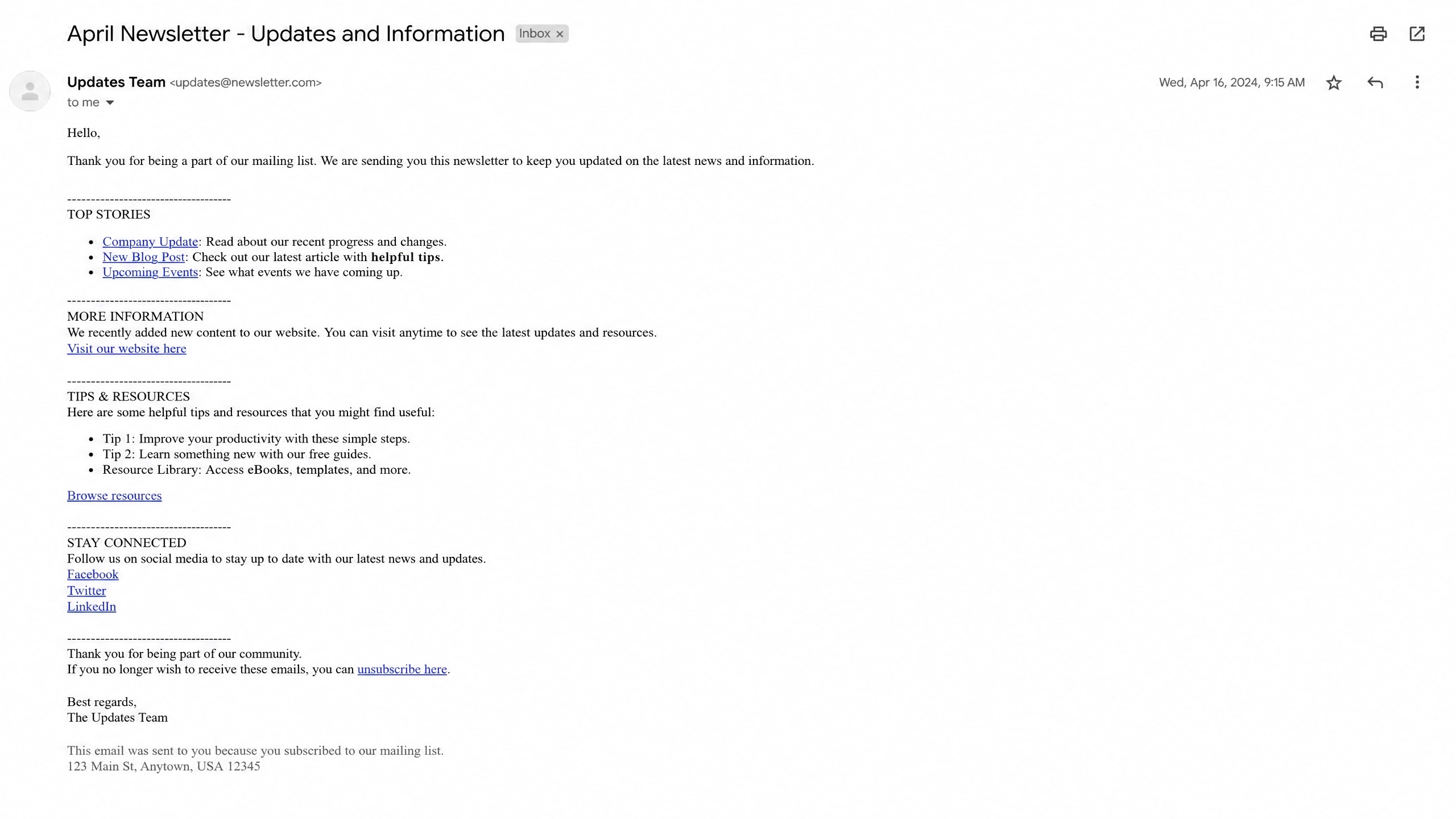 Before: Generic low-performing email newsletter
